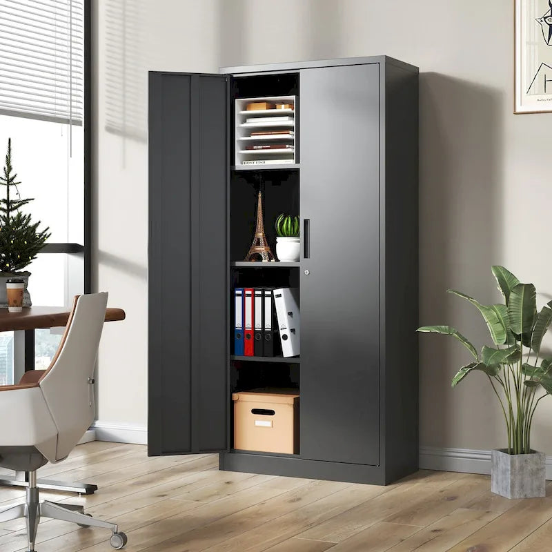 71H Metal Garage Storage Cabinet,Black Tool Steel Locking Cabinet with Doors and 3 Shelves,Tall Cabinets for Garage Storage